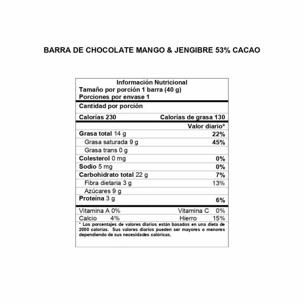 Información Nutricional Barra Mango y Jengibre 53% cacao DAVIDA